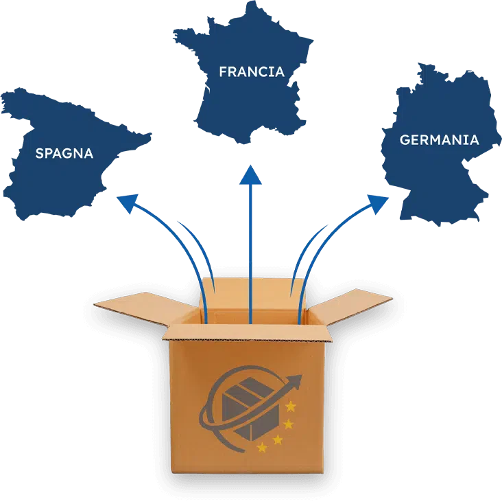 scatolone trasloco da cui escono tappe europee
